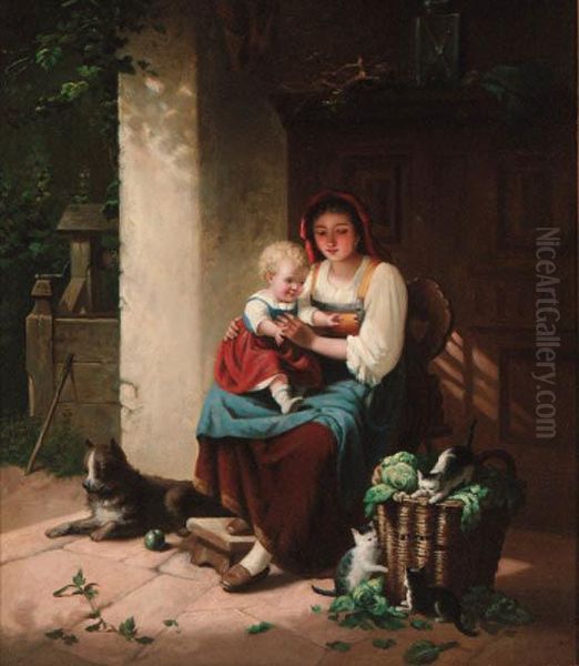 A Mother And Child In A Sunlit Doorway Oil Painting by Auguste Heyn