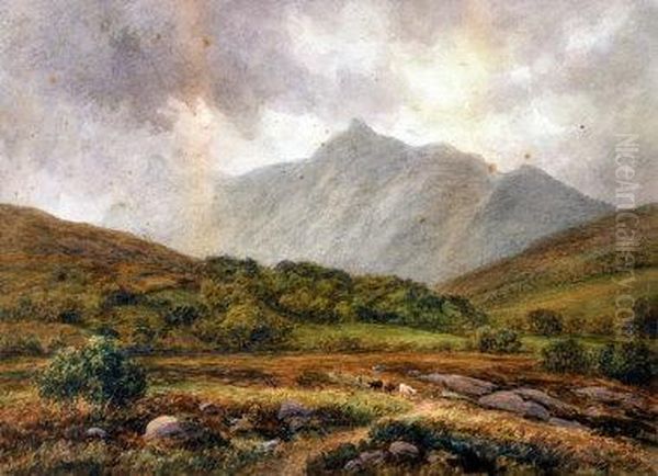 Cattle And A Drover In A Mountainous Landscape Oil Painting by Ward Heys