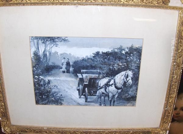 Pony And Trap On A Country Lane Oil Painting by William Heysmann Overend