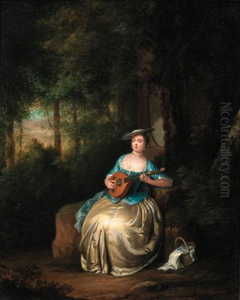 A Lady Playing A Lute In A Wood Oil Painting by Anton Hickel