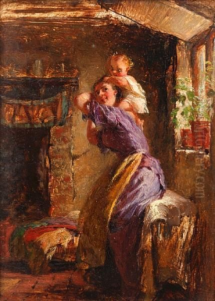 A Woman And A Small Child In A Cottageinterior Oil Painting by George Elgar Hicks