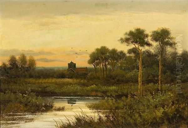 View Across A River To A Church At Dusk Oil Painting by Herbert William Hicks