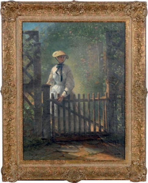 A Young Lady At The Garden Gate Oil Painting by Thomas Hicks