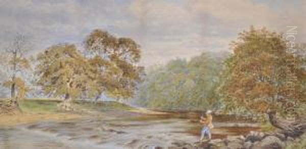 Angler On A Riverbank Oil Painting by Frank Hider