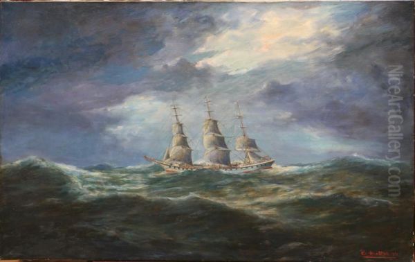 Trois Mats Sur Une Mer Formee Oil Painting by Eugene Hiebolt