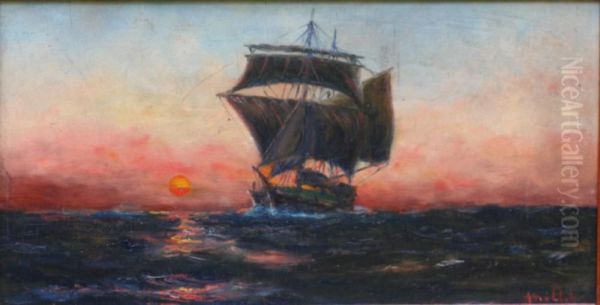 Navire Au Soleil Couchant Oil Painting by Eugene Hiebolt