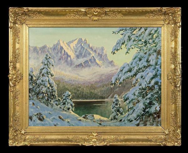 Winter By The Alpen Lake Oil Painting by Franz Hienl-Merre