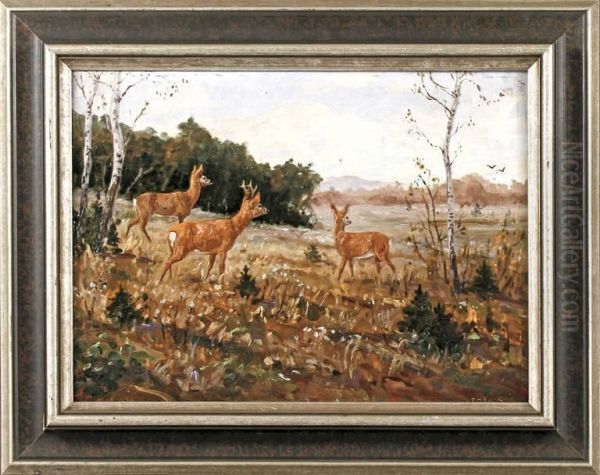 Rehe Auf Herbstlicher Lichtung Oil Painting by Franz Hienl-Merre