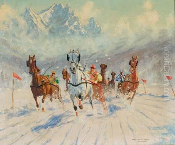 A Horserace In The Mountains Oil Painting by Franz Hienl-Merre