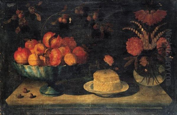 Still Life Of A Bowl Of Pomegranates And Peaches, Together With A White Cheese With A Honeycomb And Rose On A Porcelain Dish, With Flowers In A Glass Vase, Arranged Upon A Stone Table-top Oil Painting by Pseudo Hiepes