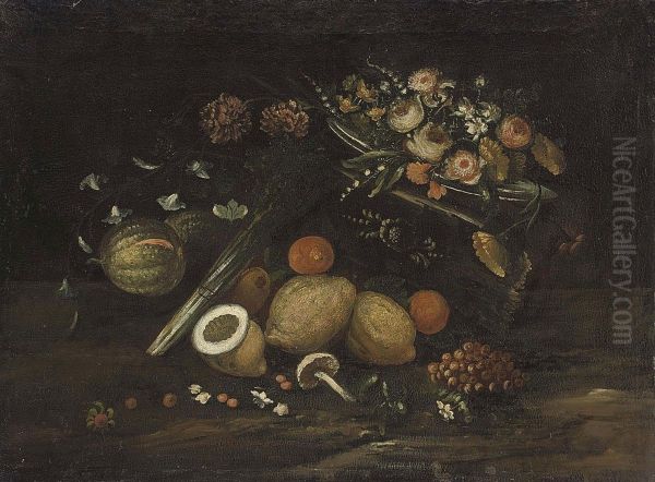 Oranges, Mushrooms And Grapes On A Ledge With Roses, Lilies And Other Flowers On A Silver Tray Oil Painting by Tomas Hiepes