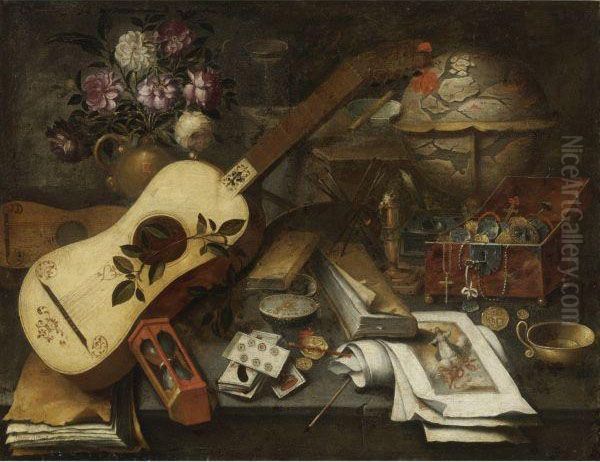 Still Life With A Guitar Oil Painting by Tomas Hiepes