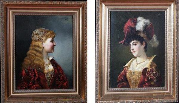 Portraits Of Young Noblewomen Wearing Richly Decorated Clothes And Jeweled Caps Oil Painting by M. Hifter