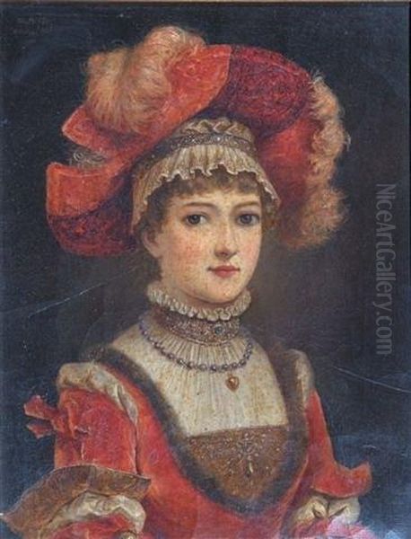 Portrait Of A Lady Wearing A Fur Trimmed Reddress Oil Painting by M. Hifter