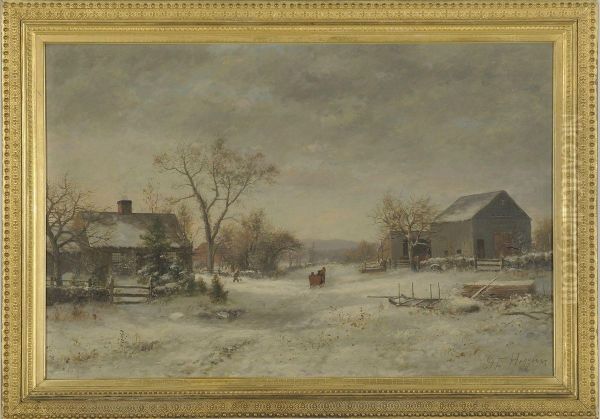 Winter Farmyard Scene Oil Painting by George F. Higgins