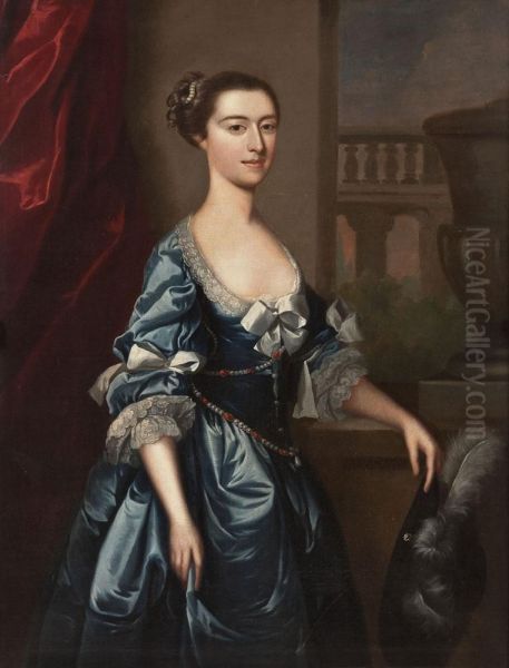 Dame Mit Federhut Und Blauem Kleid Oil Painting by Joseph Highmore