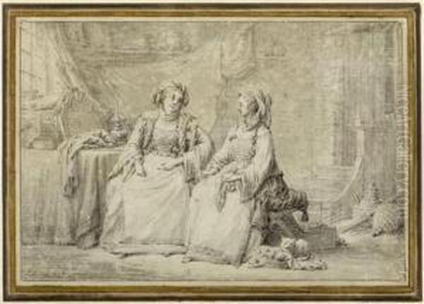 Interior With Two Women Conversing Oil Painting by Jean-Baptiste Hilaire