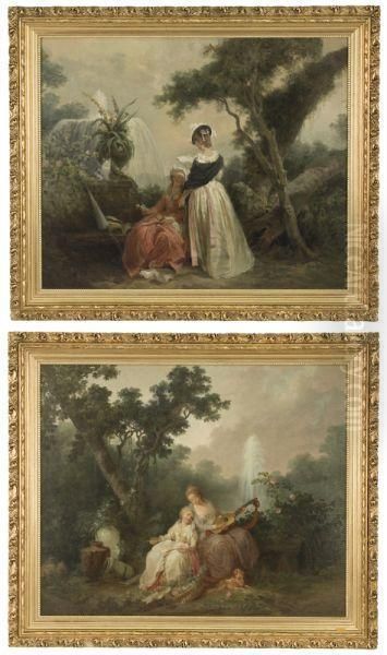 Two Elegant
 Women In A Garden In Various Pursuits. Oil Painting by Jean-Baptiste Hilaire