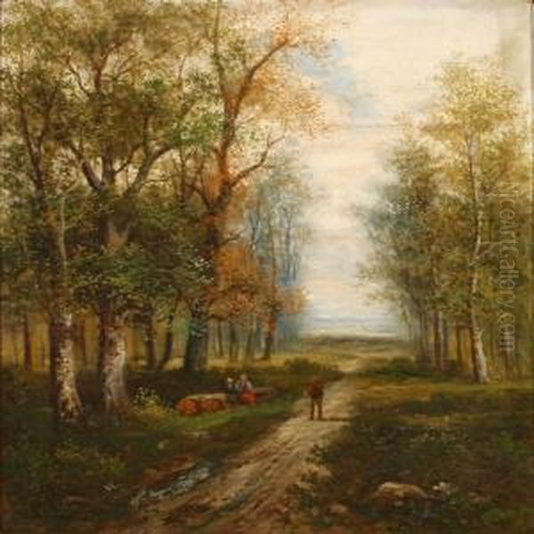 People Walking In A Forest Oil Painting by C. Hildebrand