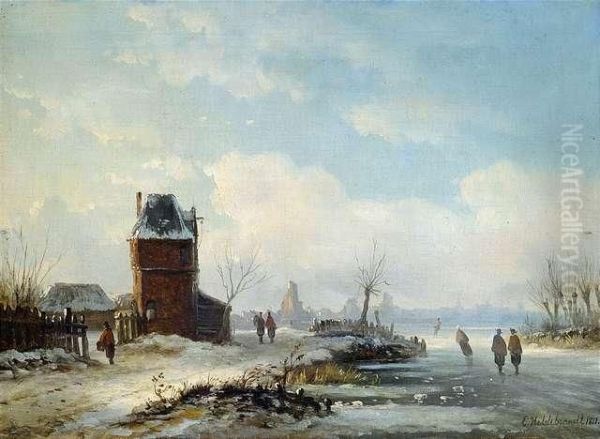 Wintry Canal Landcape Near By A Dutch Town Oil Painting by Eduard Hildebrandt