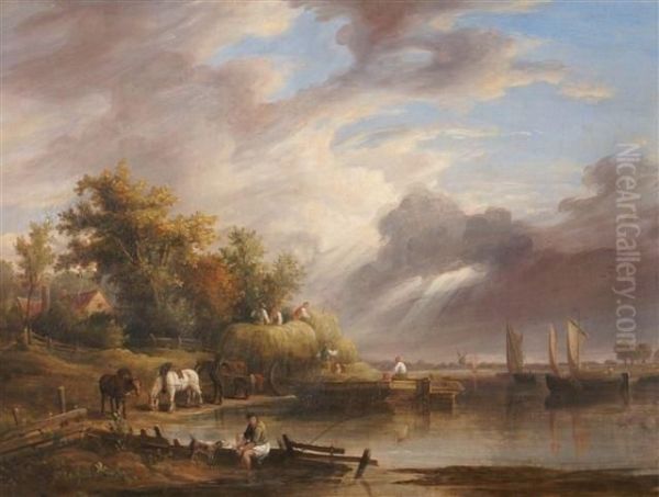 Ariver Landscape With Figures On A Cart And Horse Oil Painting by John Hilder