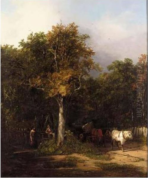 Horse And Cart On A Wooded Track Oil Painting by John Hilder