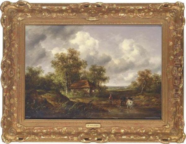 A Wooded Landscape With A Woodsman Watering Cattle At A Pond Oil Painting by Richard Hilder