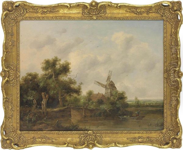 A River Landscape With A Man Punting, A Windmill Beyond Oil Painting by Richard Hilder