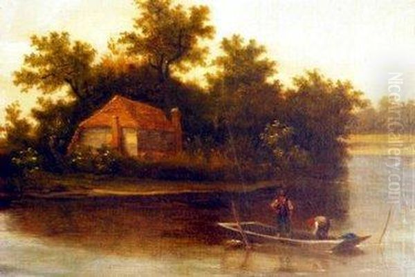 Figures On A Punt Boat Near A Cottage And Trees Oil Painting by Richard Hilder