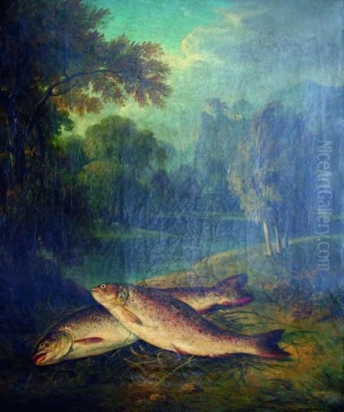 Two Trout On A River Bank Oil Painting by George Hilditch