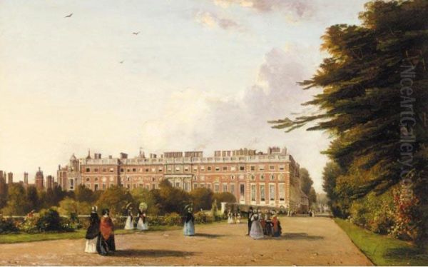 Hampton Court Palace, With Elegant Company Promenading In The Foreground Oil Painting by George Hilditch