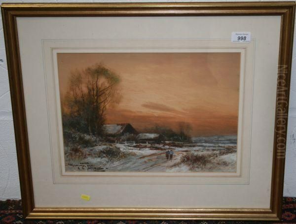 Snowy Winter Landscape With Sunset Oil Painting by Bartram, Fred. John Hiles