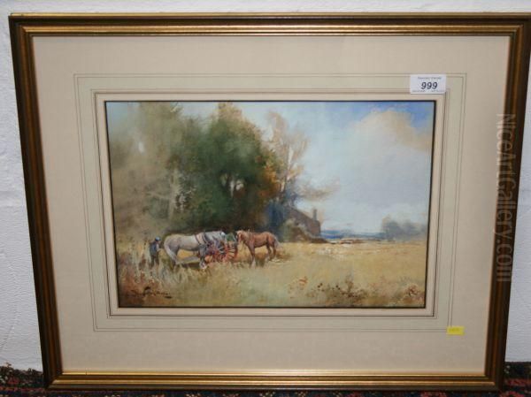 Harvest Scene With Horses And Cart Oil Painting by Bartram, Fred. John Hiles