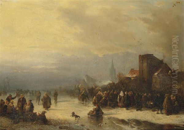 Merrymaking On A Frozen Waterway Oil Painting by Carl Hilgers