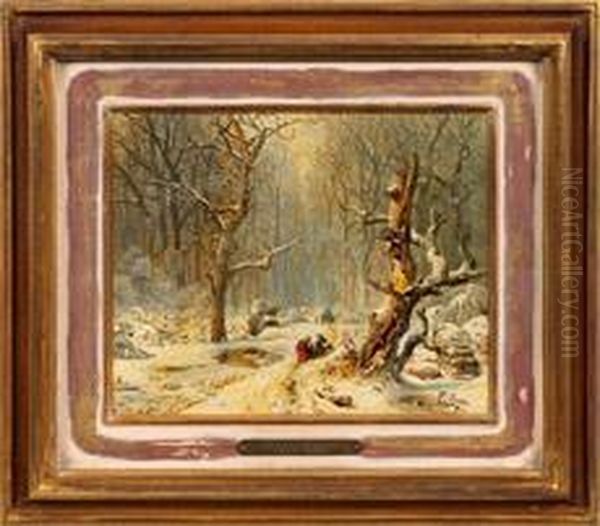 Verschneiter Winterwaldmit Figuren Auf Einem Weg Oil Painting by Carl Hilgers