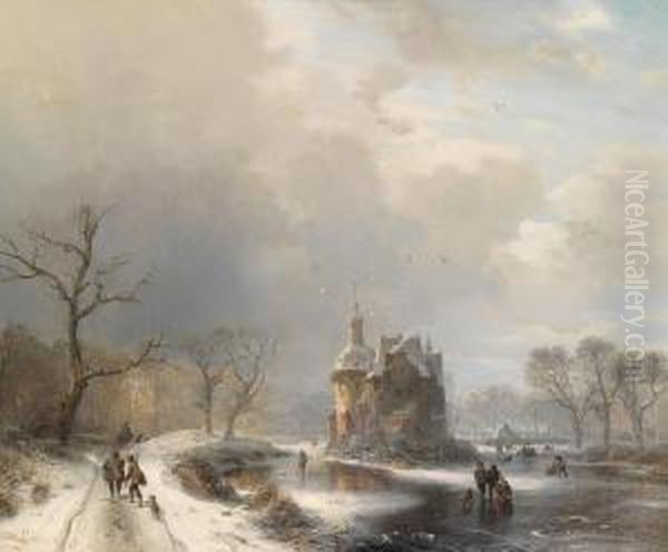 Winterlandscape With Iceskaters And Hunters Oil Painting by Carl Hilgers