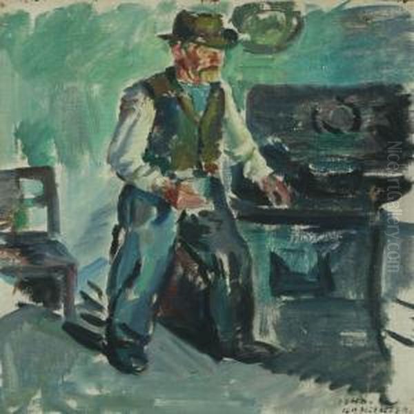 Interior With A Man By The Stove Oil Painting by Knud Ove Hilkier