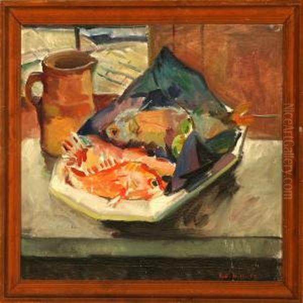 Stilllife With Fishon A Dish Oil Painting by Knud Ove Hilkier