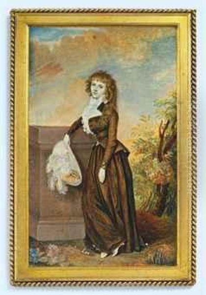 Mrs Robert Graham, Full-length In A Landscape, Leaning Against Astone Pillar, In Brown Riding Habit, Frilled White Cravat, Holdinga Cream Hat With White Plumes In Her Right Hand Oil Painting by Diana, Nee Dietz Hill