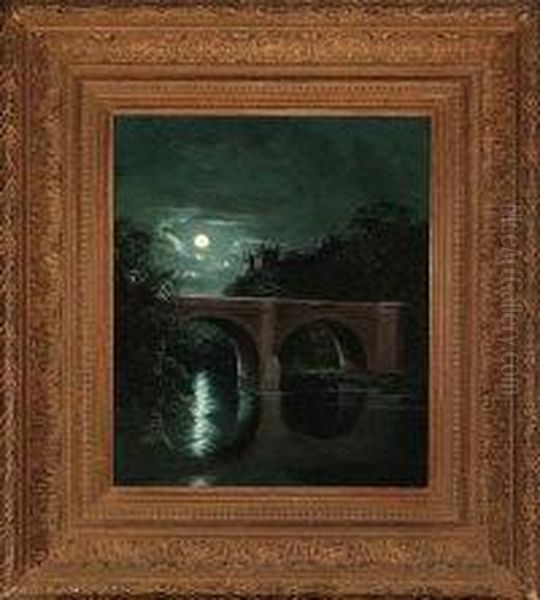 Prebends Bridge, Durham City By Moonlight Oil Painting by Edward Hill