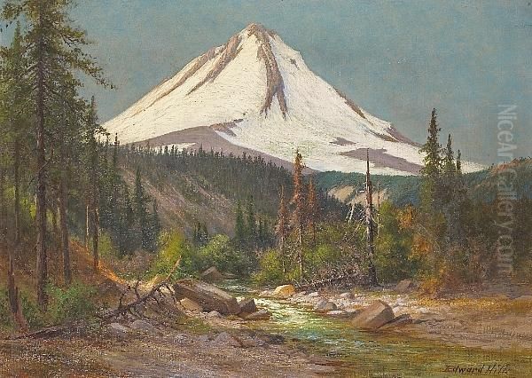 Sunlit Stream And A Snow-covered Mountain Oil Painting by Edward Rufus Hill