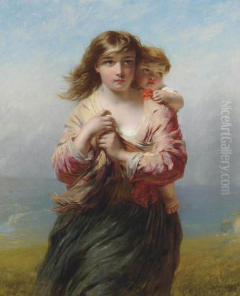 Mother And Child On A Hillside Overlooking The Sea Oil Painting by James John Hill