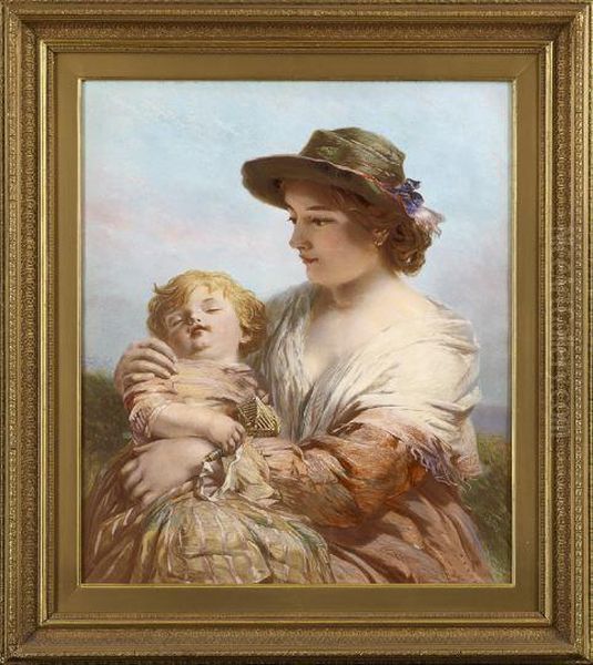 Mother With A Sleeping Child Oil Painting by James John Hill