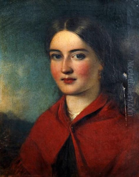 A Portrait Of A Young Country Girl Wearing A Red Shawl Oil Painting by James John Hill