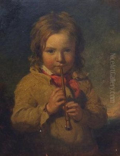 Portrait Of A Boy Playing A Recorder Oil Painting by James John Hill