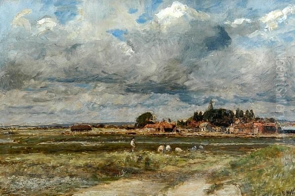 An Estuary Scene At Low Tide, With Village Beyond Oil Painting by James Stevens Hill