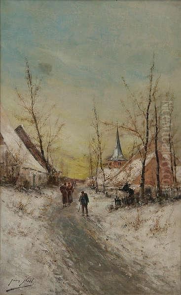 Winters Dorpsgezicht Met Personagesbij Kerk Oil Painting by Jean Hill