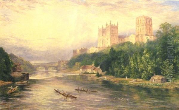 A British Cathedral Overlooking A River Oil Painting by John Henry Hill