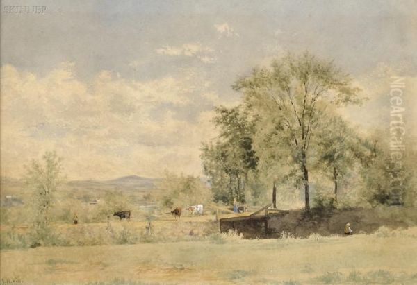 Drover And Cattle Crossing A Wooden Bridge Oil Painting by John William Hill