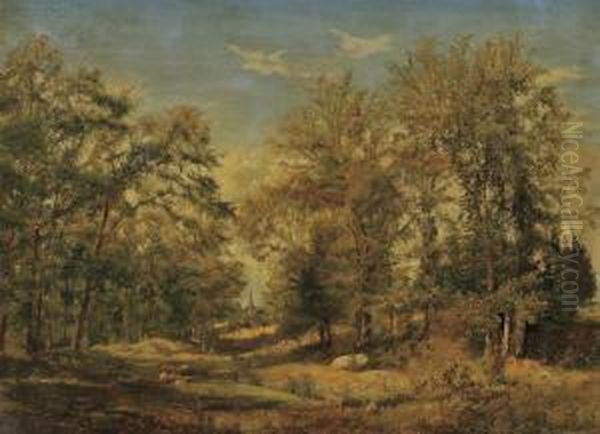 Path Through The Trees To The Church Oil Painting by John William Hill